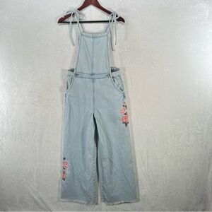 Free People Driftwood Overalls Womens L Denim Wide Leg Embroidered Raw Hem